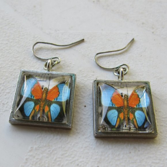 Vintage Jewelry - Orange and Blue Butterfly Earrings